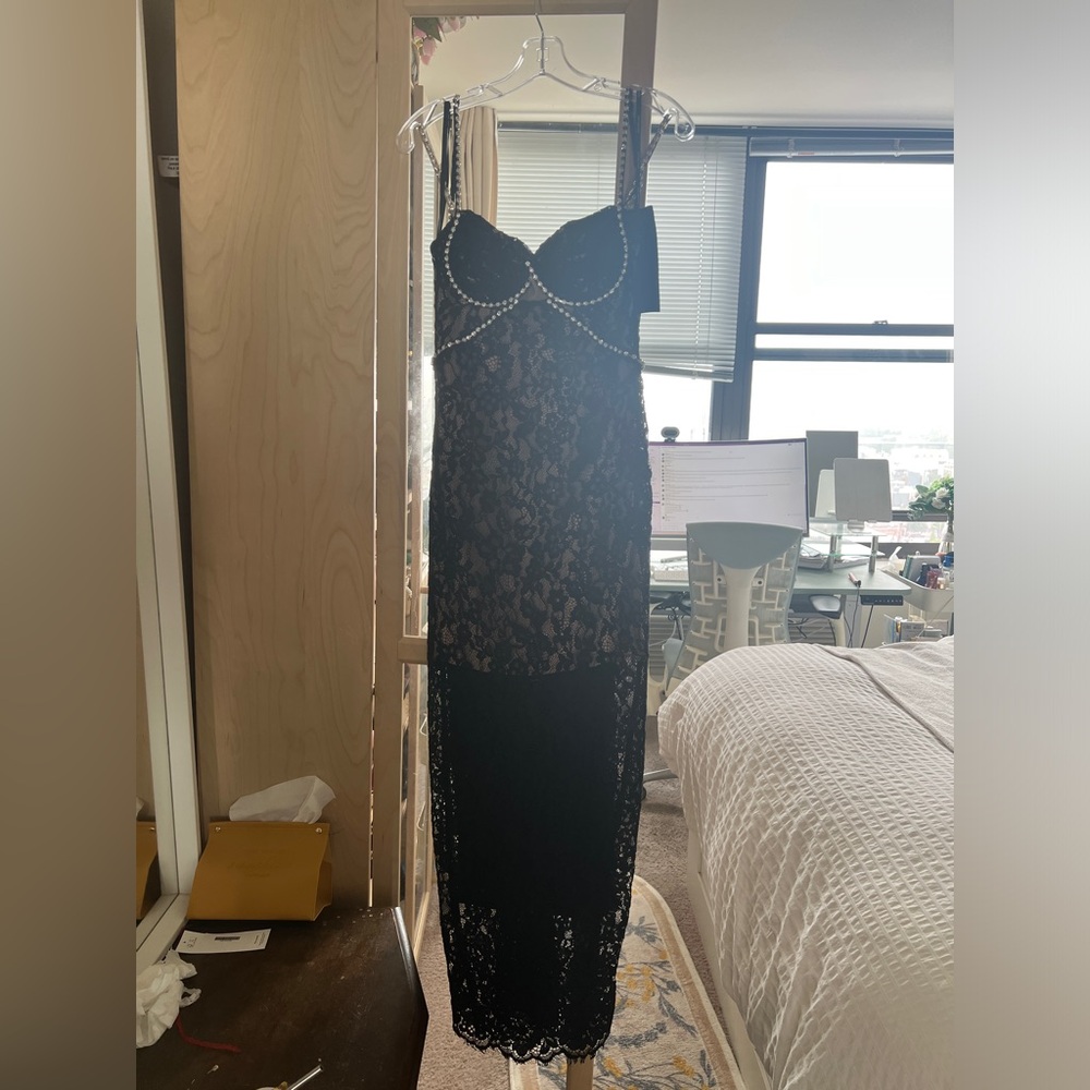 Self Portrait Black Lace Rhinestone Embellished Shoulder Strap Long Dress NWOT - Picture 7 of 14